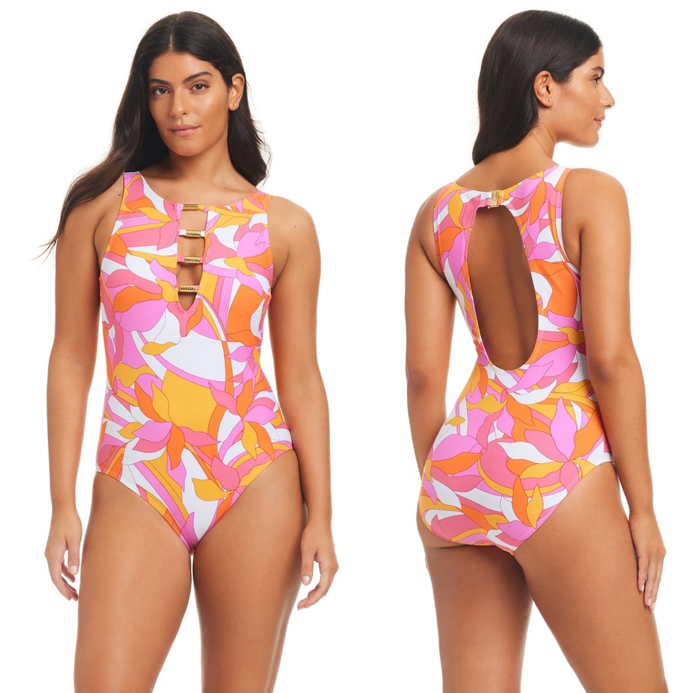 Retro Resort Pink Orange Mod Print Open Back One Piece Swimsuit - Picture 13 of 13